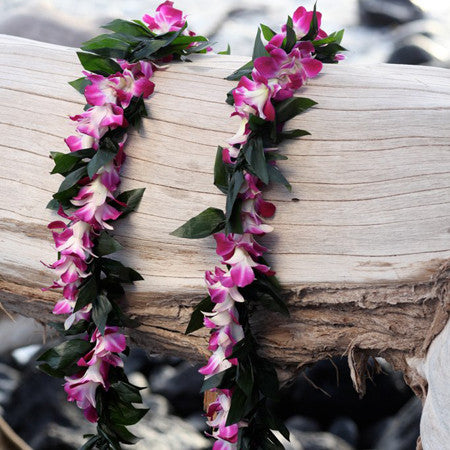 Maile style ti leaf lei with orchid wrap